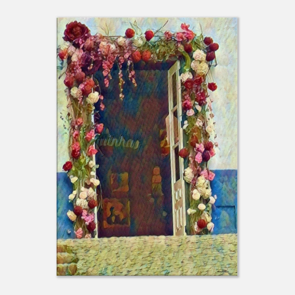 When Love Left the Door Open canvas print featuring an open floral doorway framed by cascading pink, white and crimson flowers against soft blue and cream walls.

