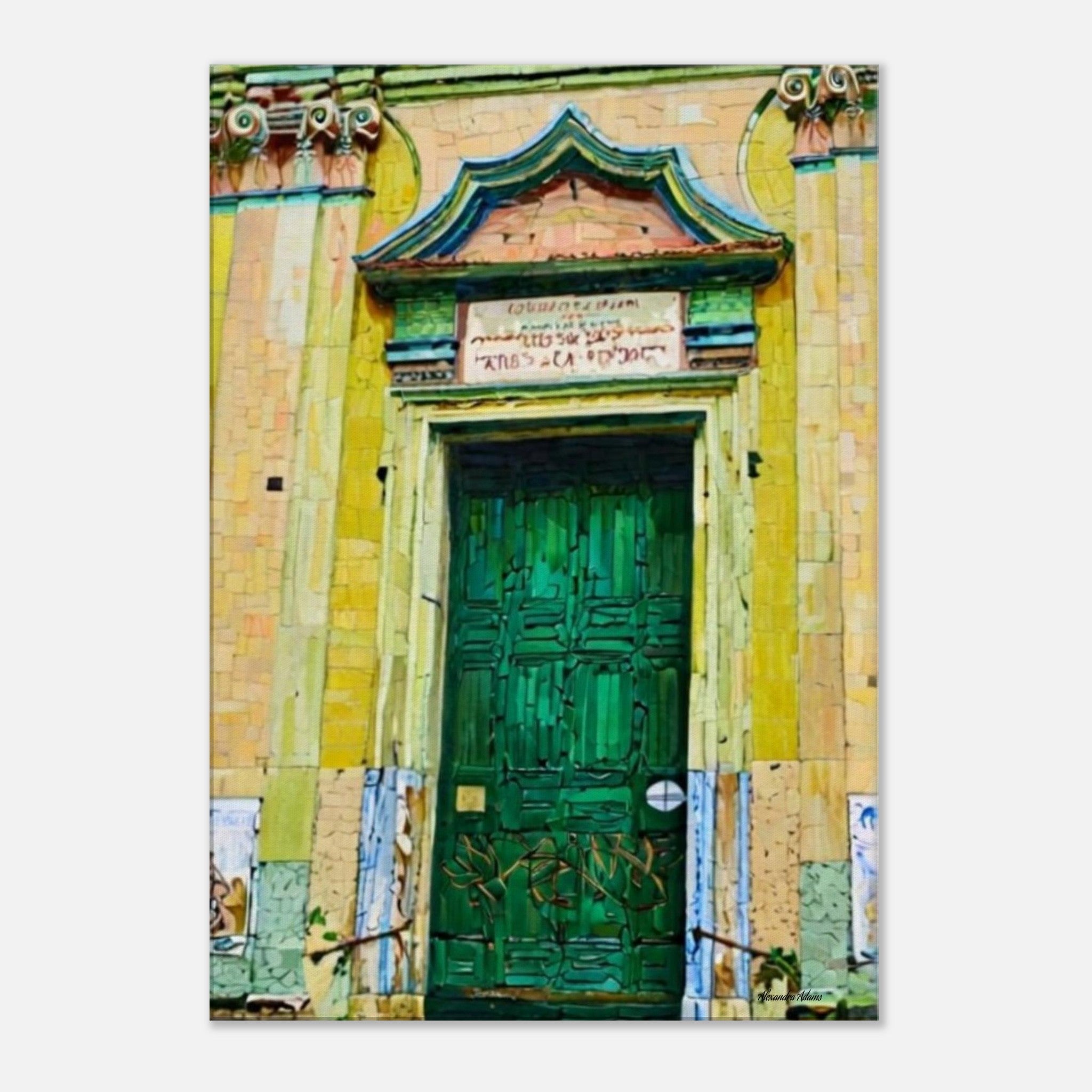 Front view of The Door Called Tomorrow canvas print, featuring a rich green wooden door framed by a weathered yellow façade with decorative architectural details in turquoise and blue.