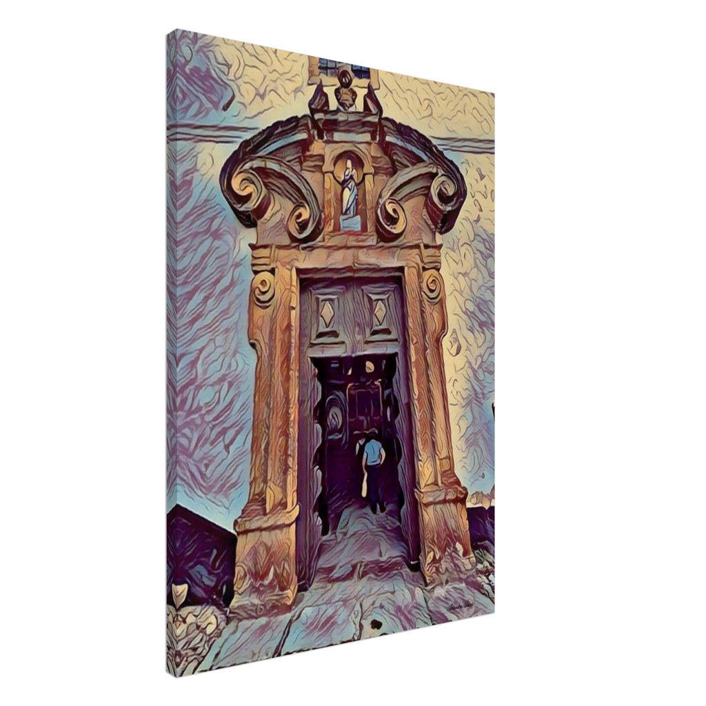 Contemporary architectural canvas artwork featuring an ornate stone doorway and a figure crossing the threshold – The Step That Changed Everything by Alexandra Adams

