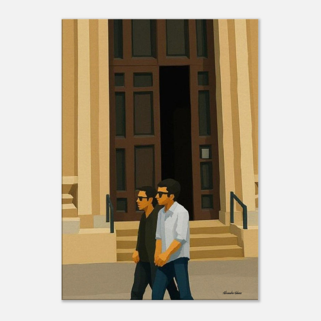 Front view of The Door Called Tomorrow canvas print, featuring a deep green wooden door set within a weathered yellow façade with turquoise and blue architectural details.