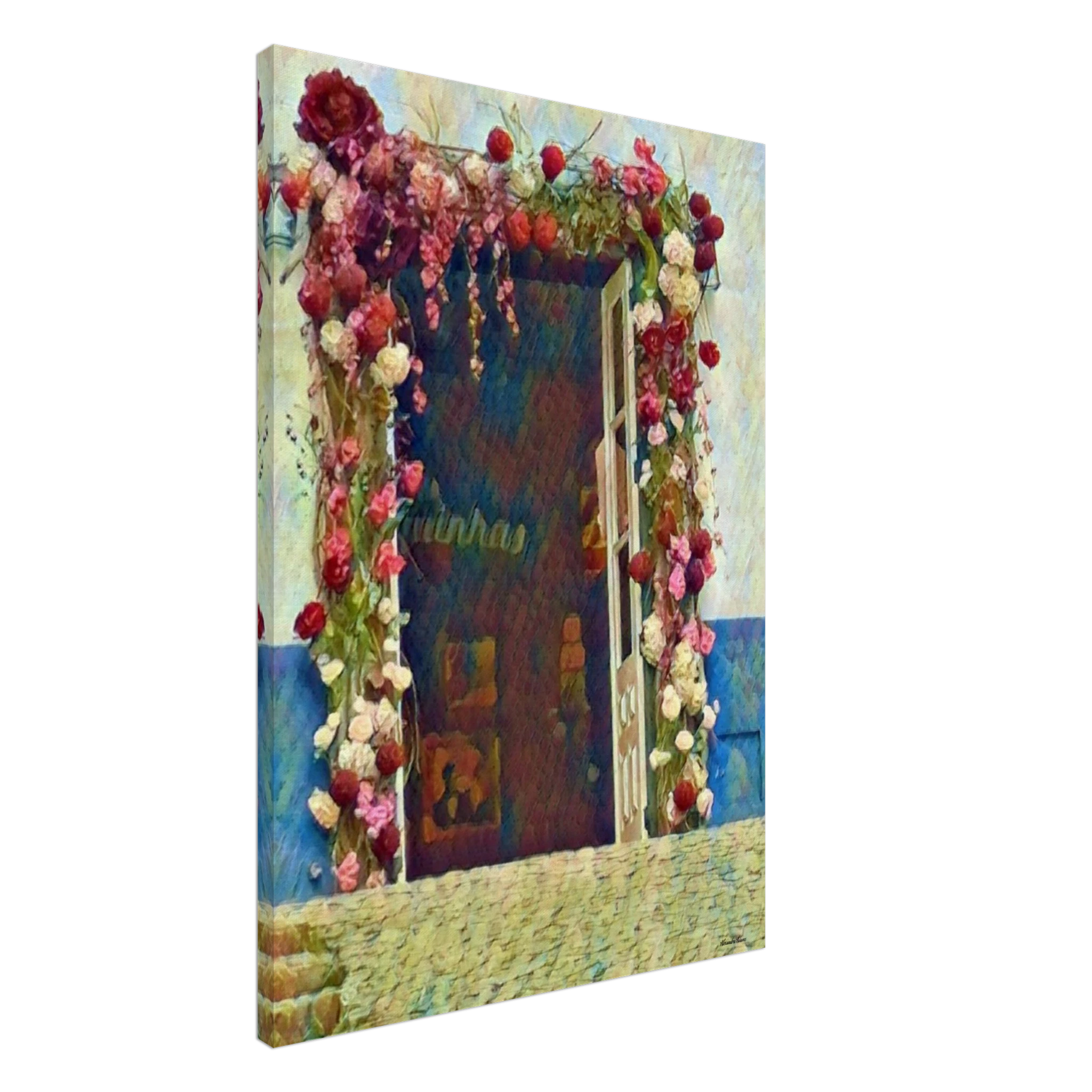 Large gallery-wrapped canvas print of When Love Left the Door Open showing the 38mm mirrored edge and premium canvas depth from an angled side perspective.


