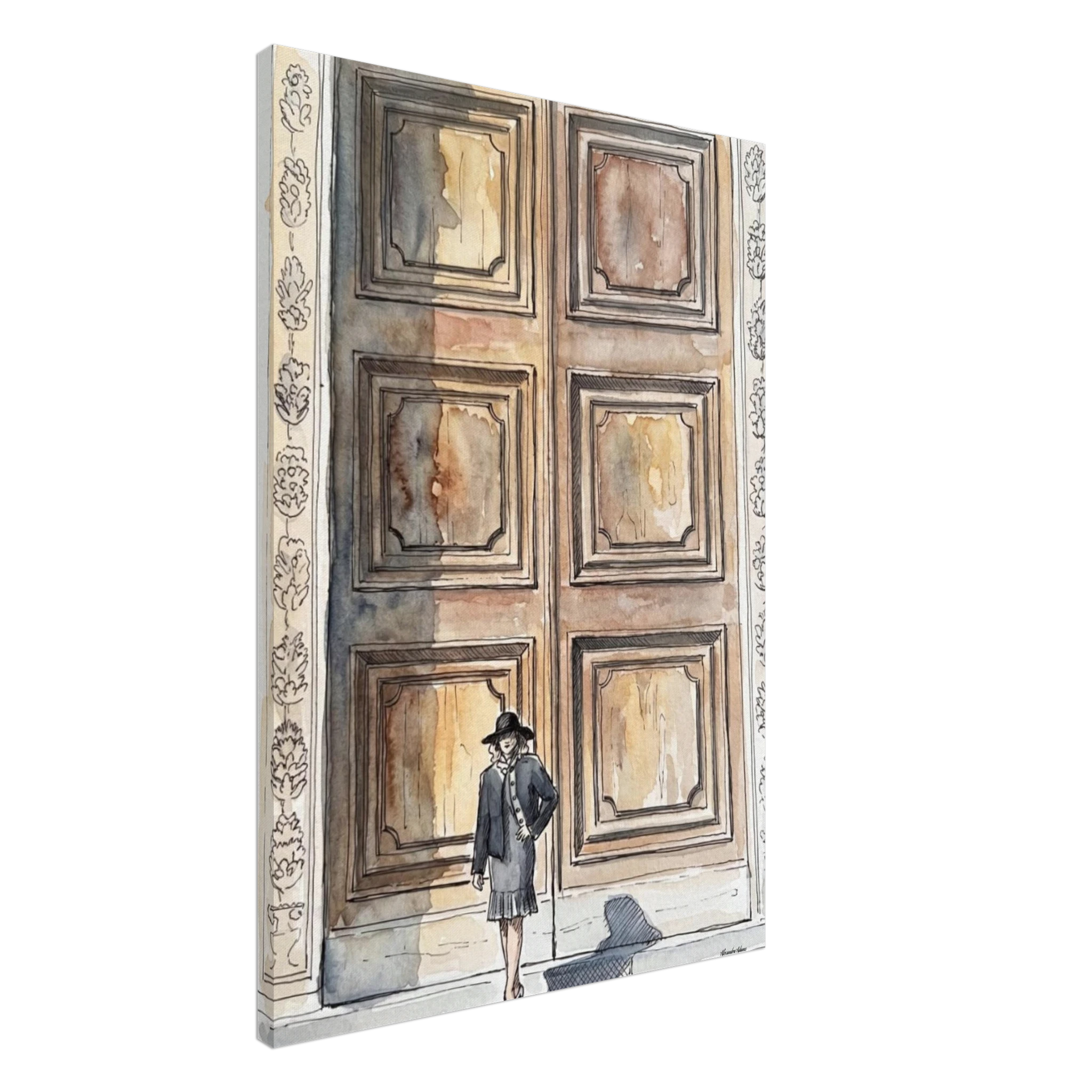 Side view of Before I Chose contemporary canvas wall art by Nova Abstract featuring a solitary figure standing before oversized doors.
