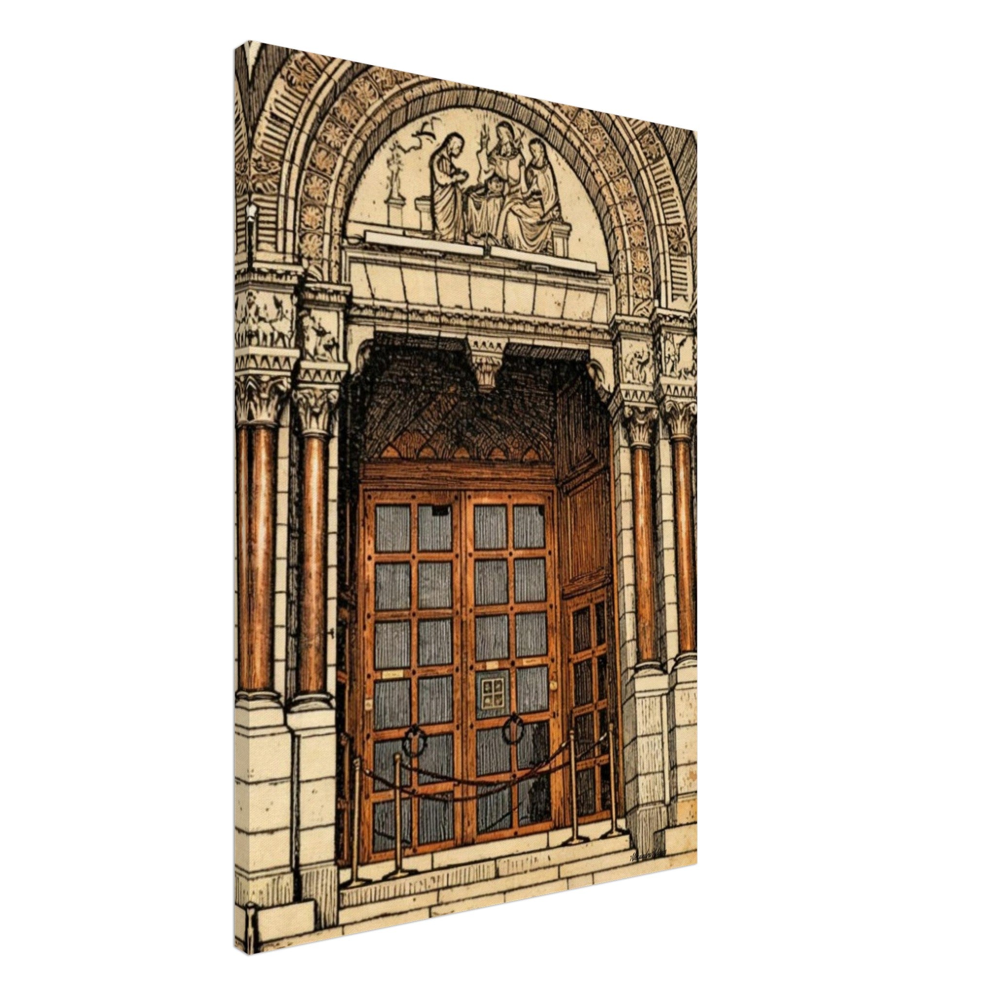 Contemporary architectural canvas artwork featuring grand wooden doors, carved stone arch and steps – The Threshold of Courage by Alexandra Adams