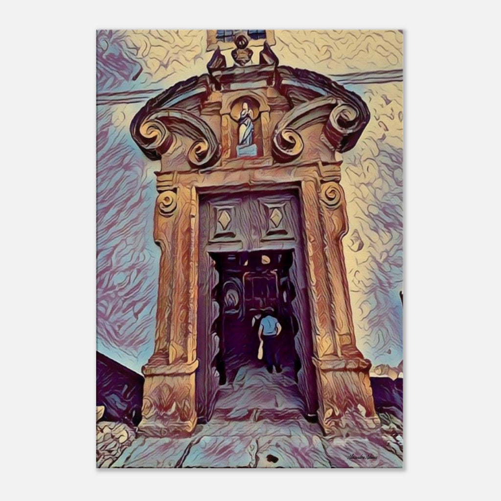 Front view of The Step That Changed Everything canvas print, featuring an ornate historic doorway in warm gold, purple and turquoise tones with figures visible in the entrance.