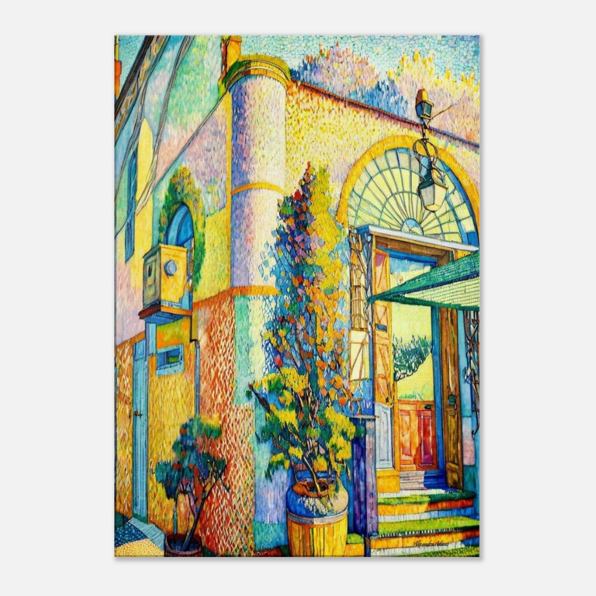 Front view of The Door That Said Yes, a bright Mediterranean-style doorway artwork with floral details and vivid yellow, turquoise, blue and orange colours.