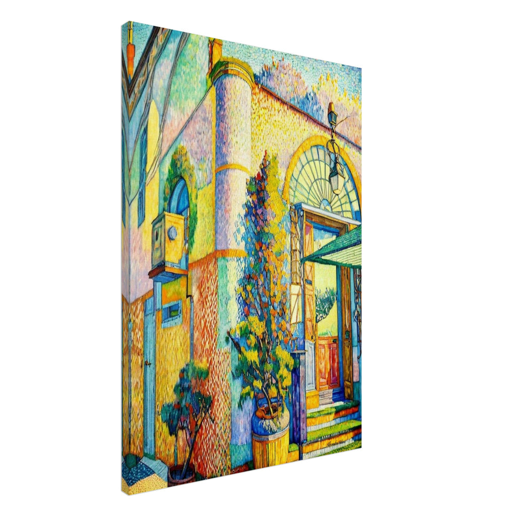 Colourful contemporary doorway canvas artwork with open doors, vibrant architecture and greenery – The Door That Said Yes by Alexandra Adams

