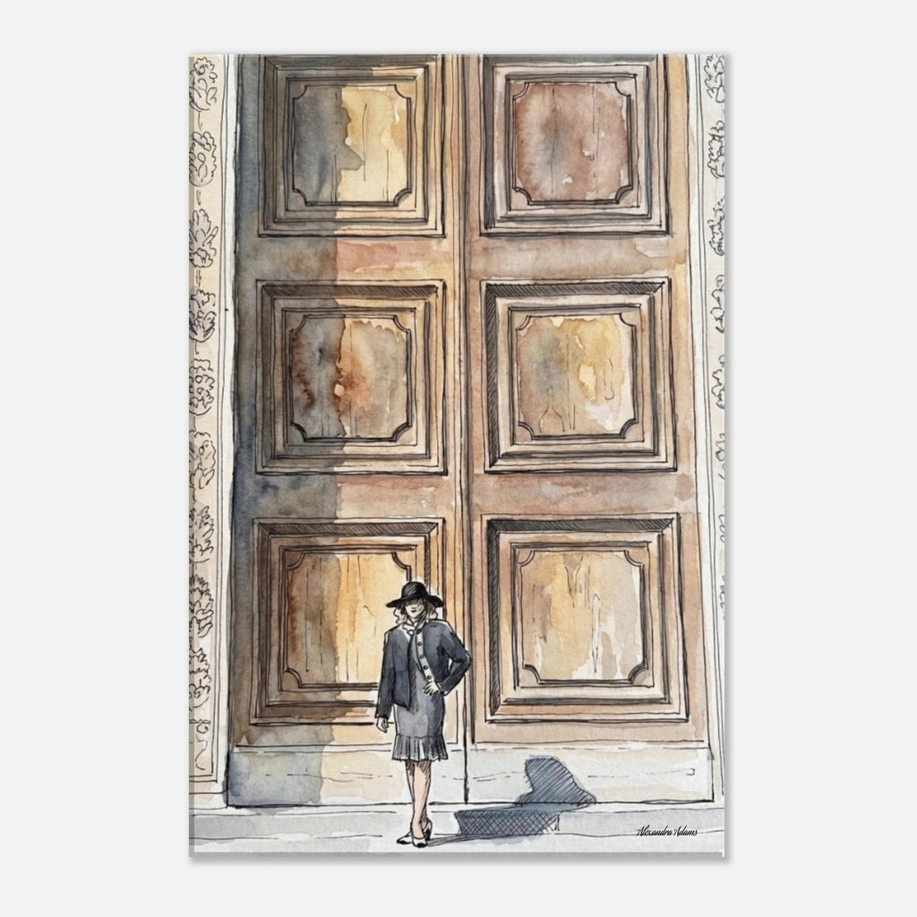 Before I Chose contemporary fine art print featuring a lone figure standing before oversized doors, symbolising life’s defining decisions.
