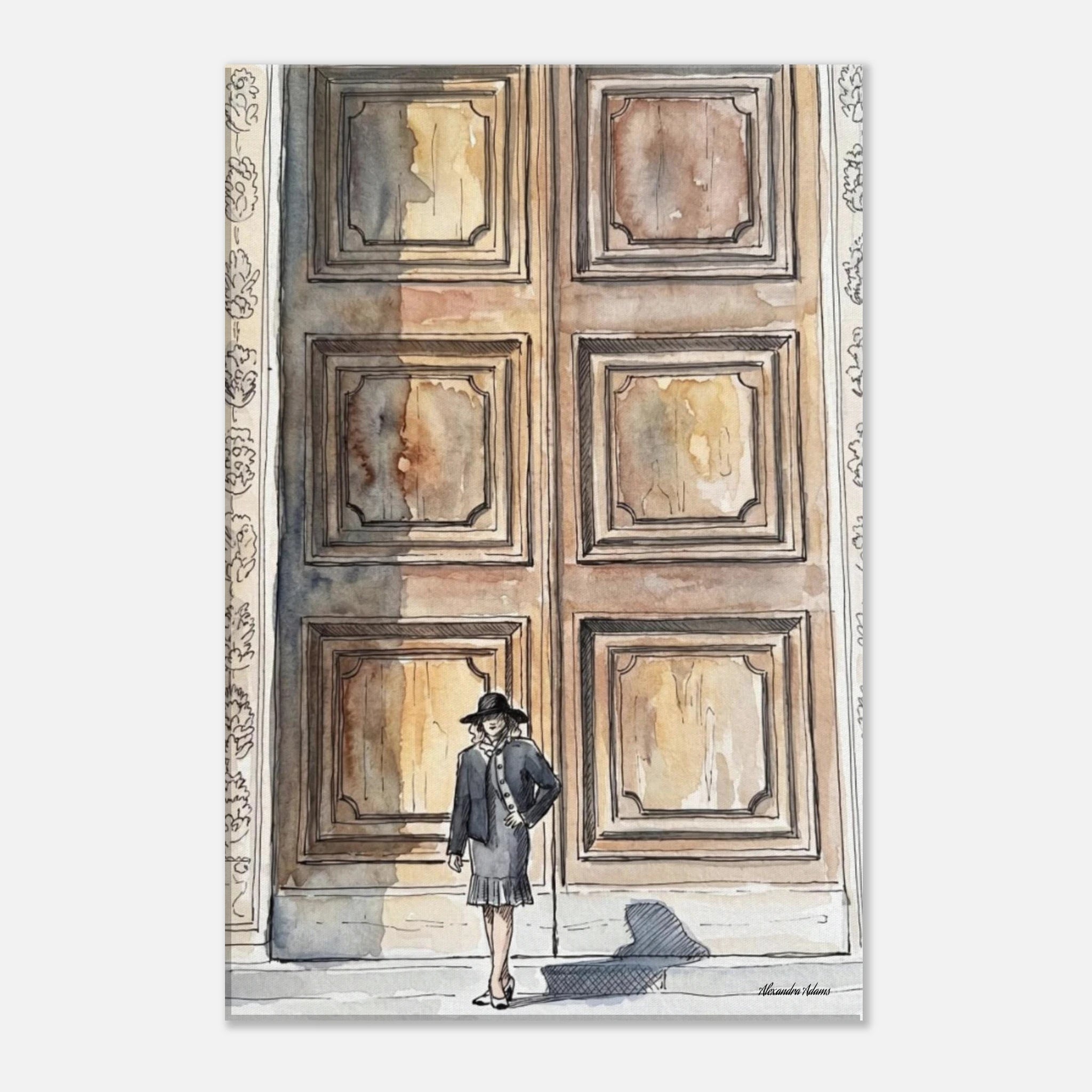 Before I Chose contemporary fine art print featuring a lone figure standing before oversized doors, symbolising life’s defining decisions.

