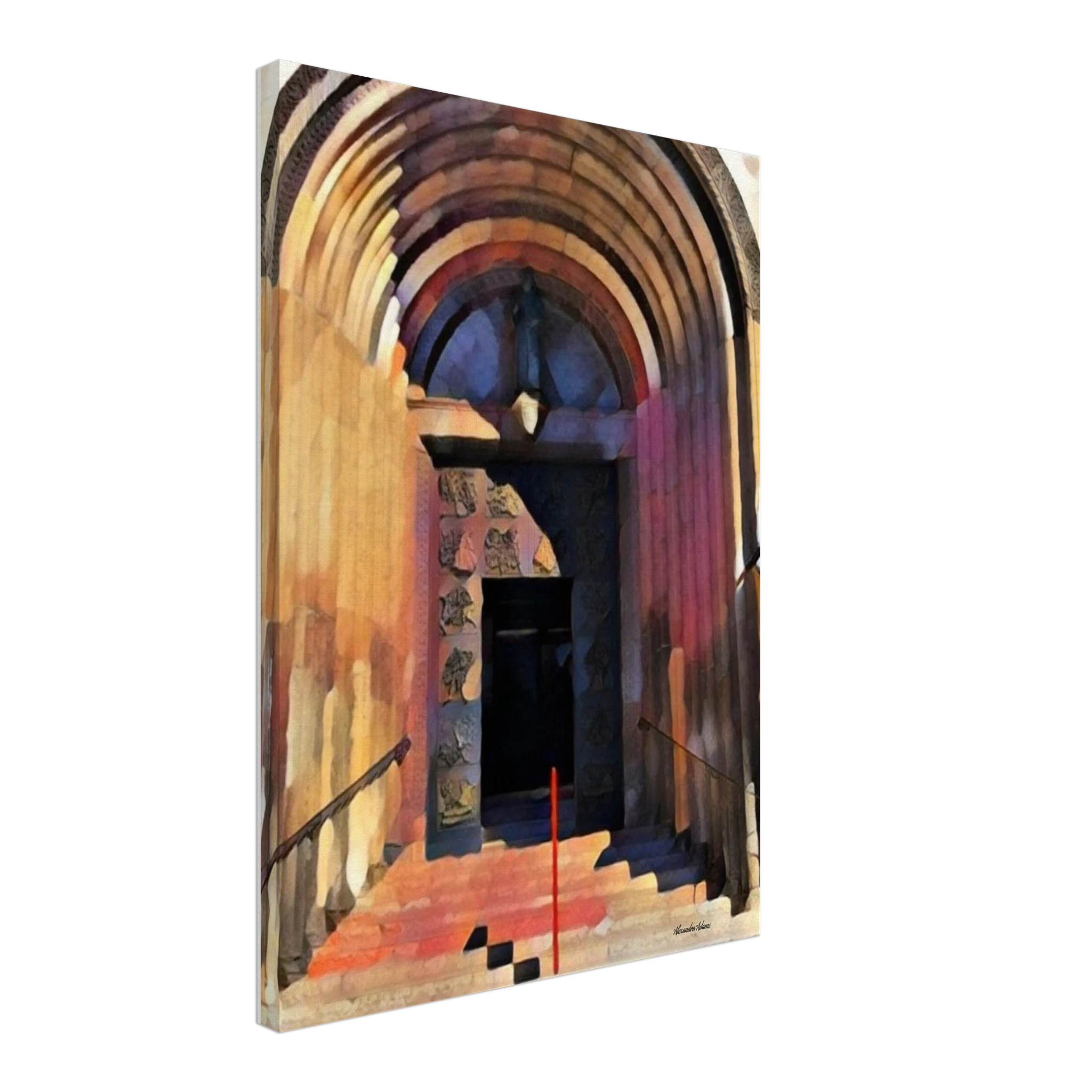 Side view of Beyond What I Could See contemporary canvas wall art by Nova Abstract featuring an ancient Romanesque doorway and stone steps.

