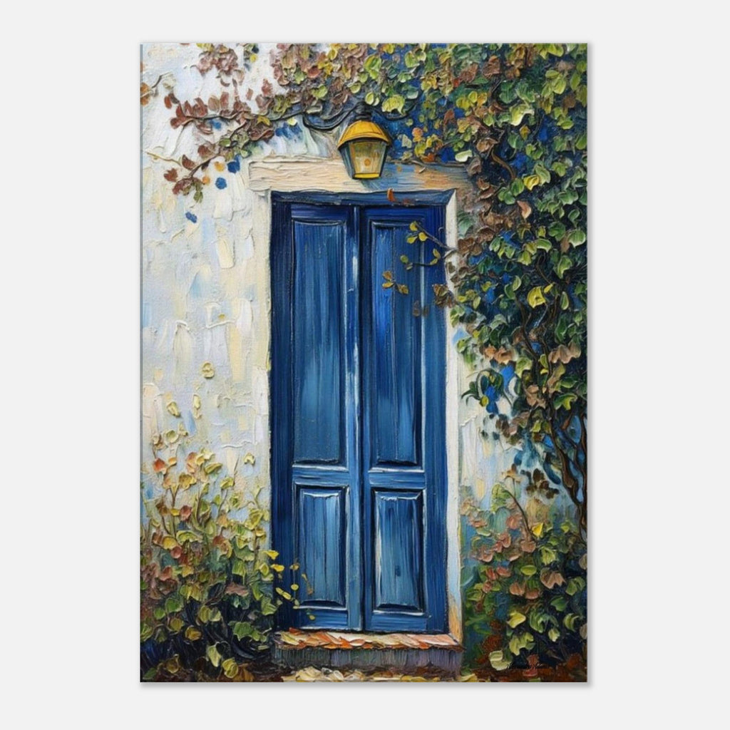 Front view of The Door That Waited canvas print, featuring a deep blue wooden door set in a pale weathered wall, surrounded by lush climbing greenery and small flowers.