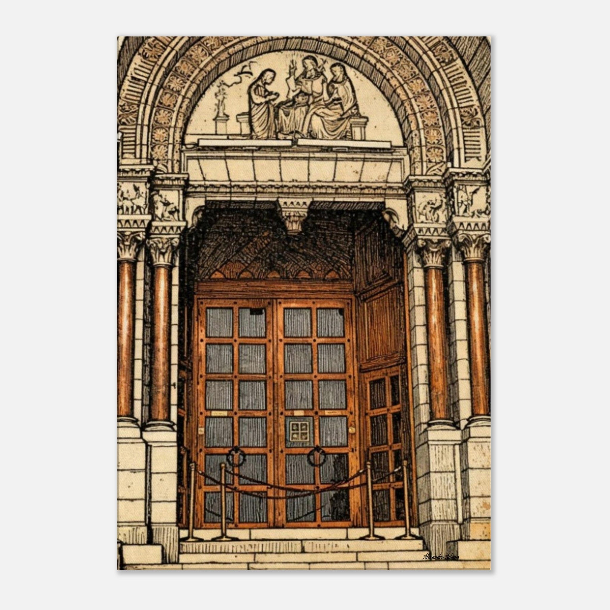 Front view of The Threshold of Courage canvas print, featuring an ornate arched stone doorway with rich architectural detailing and warm wooden double doors