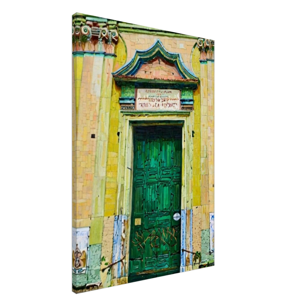 Contemporary architectural canvas artwork featuring an emerald green door, weathered stone façade and worn steps – The Door Called Tomorrow by Alexandra Adams

