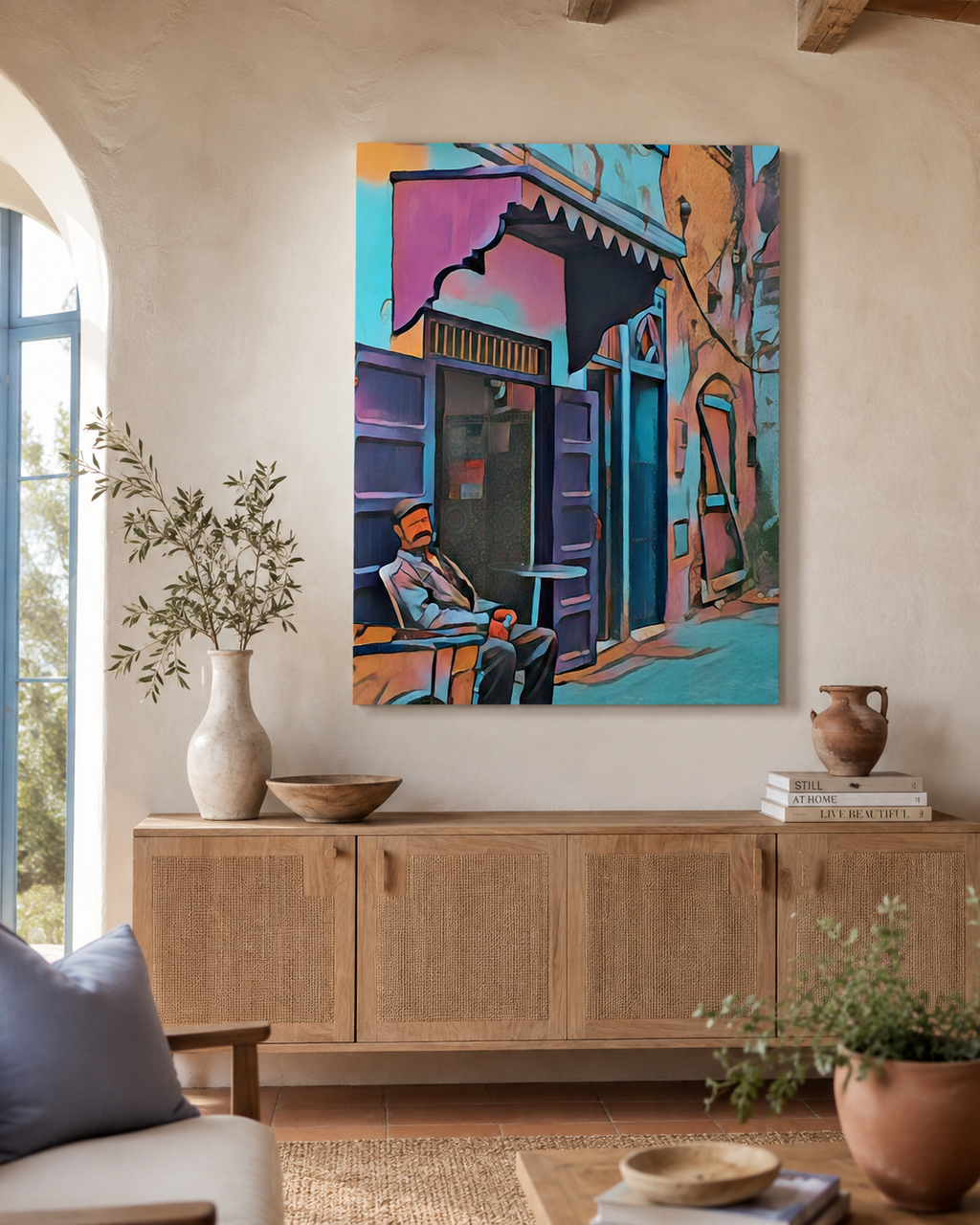 70 x 100 cm unframed canvas featuring a colourful Mediterranean street scene with a seated man, displayed in a warm contemporary living room with natural wood furniture and neutral decor.