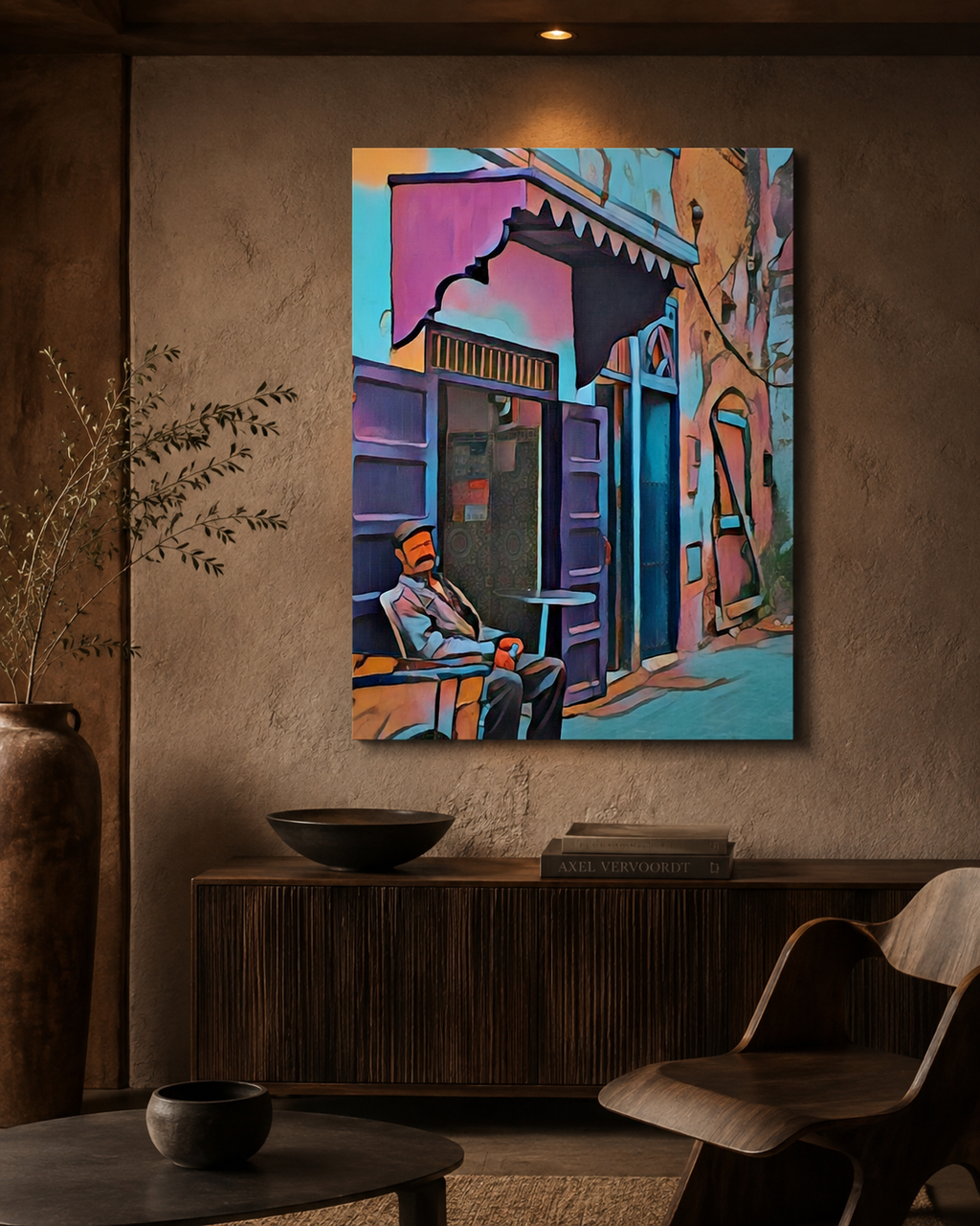 70 x 100 cm unframed canvas featuring a colourful Mediterranean street and café scene with a seated man, displayed in a sophisticated contemporary interior with textured plaster walls, dark wood furniture and warm ambient lighting.
