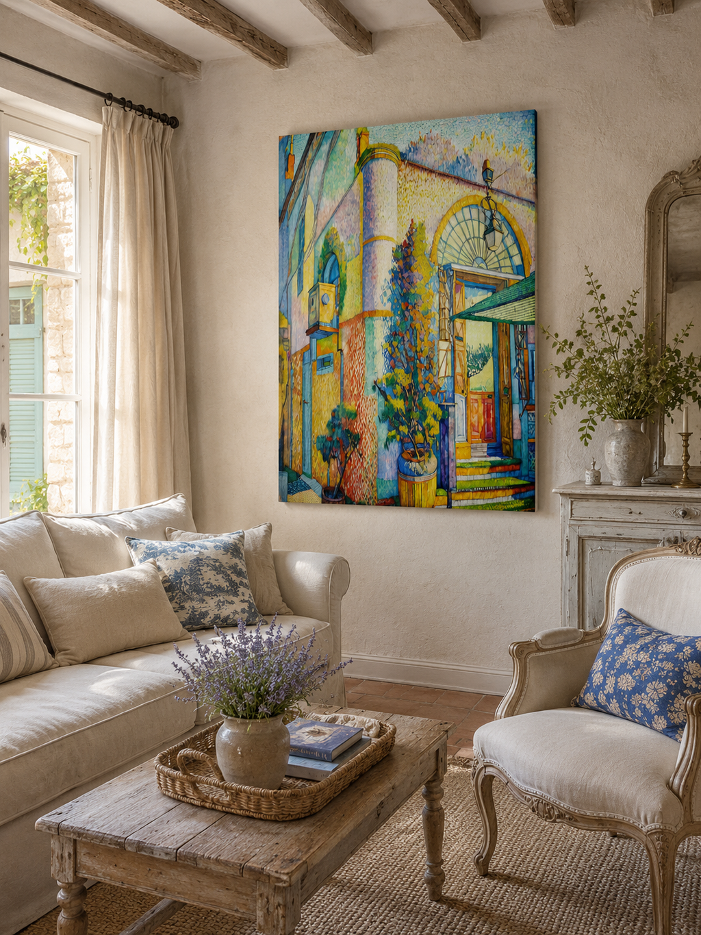 70 x 100 cm unframed canvas featuring a colourful Mediterranean architectural scene, displayed in a light French provincial living room with rustic wood furniture, exposed beams, neutral linen seating and soft lavender accents.
