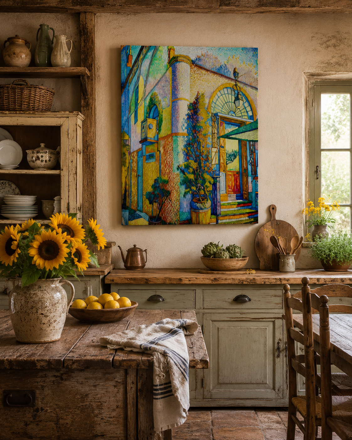 70 x 100 cm unframed canvas featuring a vibrant Mediterranean architectural scene in turquoise, yellow and blue, displayed in a rustic country kitchen with weathered wood, vintage cabinetry, sunflowers and warm farmhouse decor.