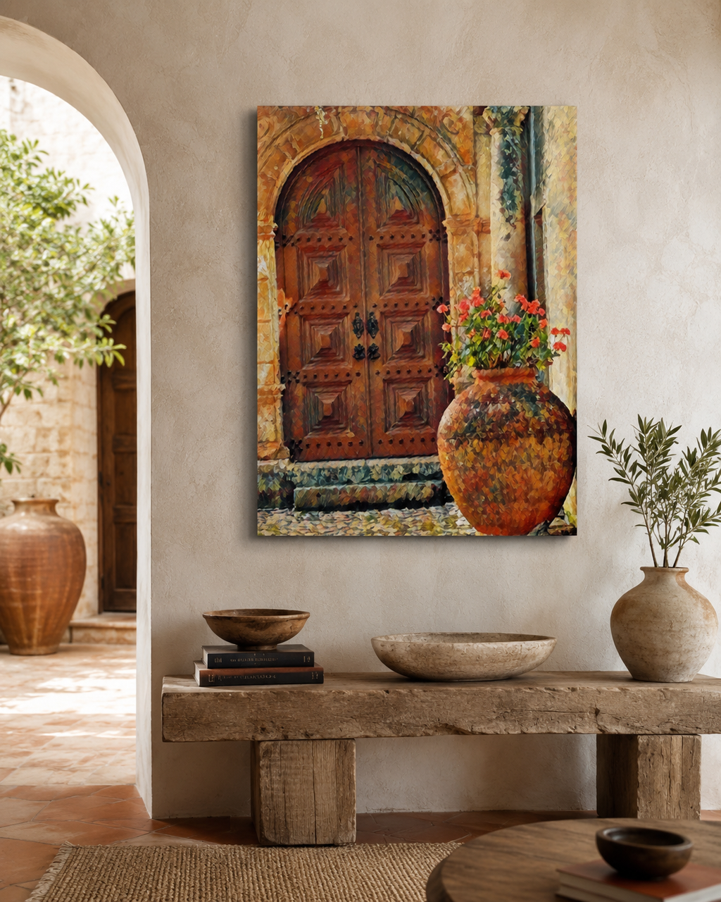 70 x 100 cm unframed canvas featuring a rustic arched wooden doorway and terracotta urn filled with red flowers, displayed in a warm Mediterranean-style interior with textured walls, natural wood furniture and earthy decor.