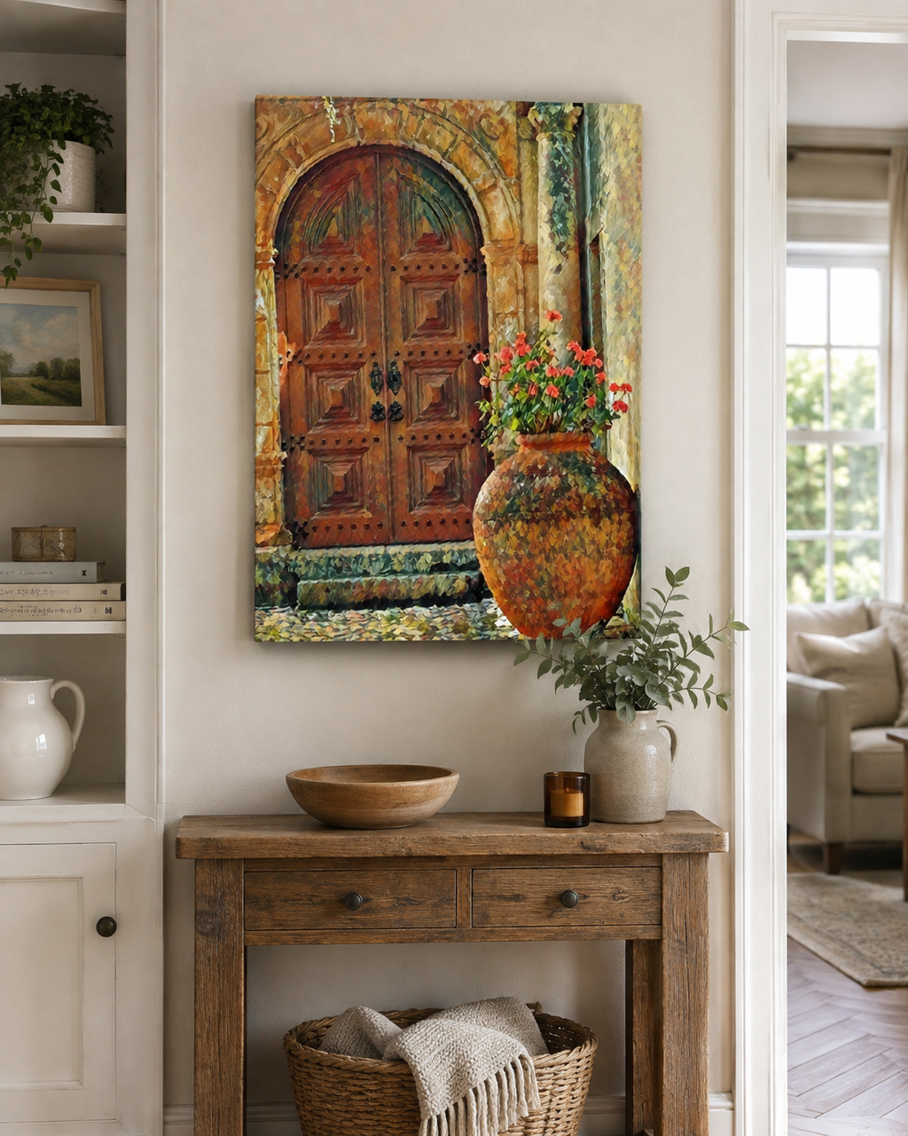 70 x 100 cm unframed canvas featuring a rustic arched wooden doorway and terracotta urn with red flowers, displayed in a warm English-style home with neutral walls, built-in shelving, natural wood furniture and soft country-inspired decor.