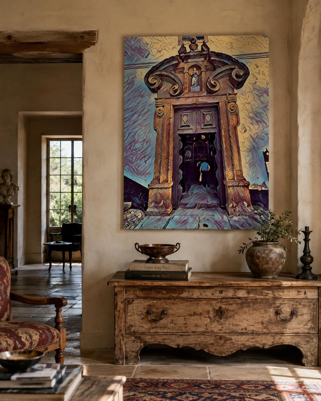 70 x 100 cm unframed canvas featuring an ornate historic doorway in rich ochre, plum and blue tones, displayed in a characterful rustic European-style interior with antique wood furniture, textured plaster walls and vintage decor.