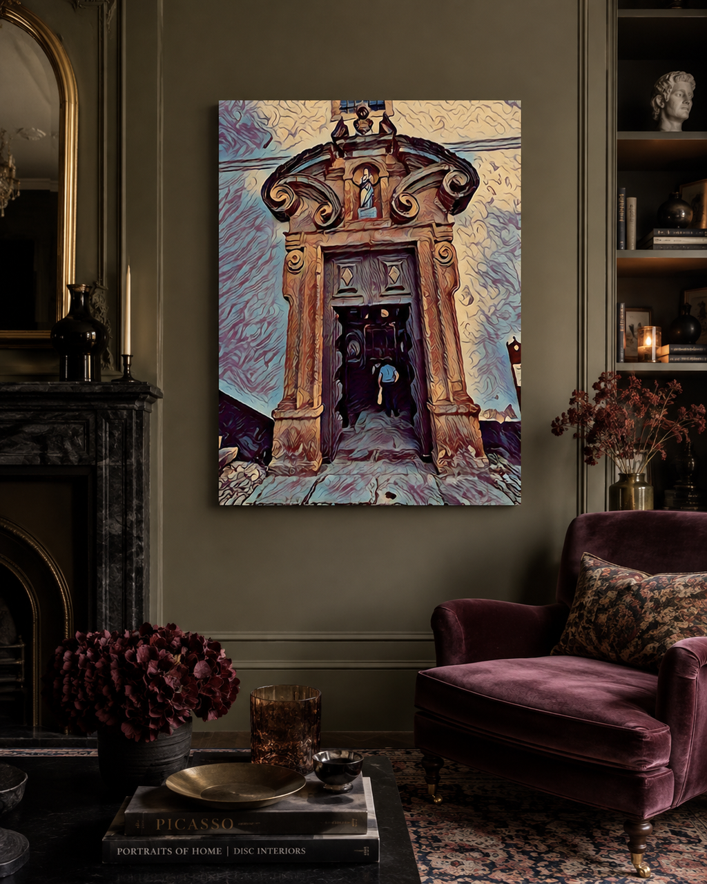 70 x 100 cm unframed canvas featuring an ornate historic doorway in ochre, plum and blue tones, displayed in an elegant English-style living room with deep olive walls, a marble fireplace, burgundy velvet armchair and classic decorative details
