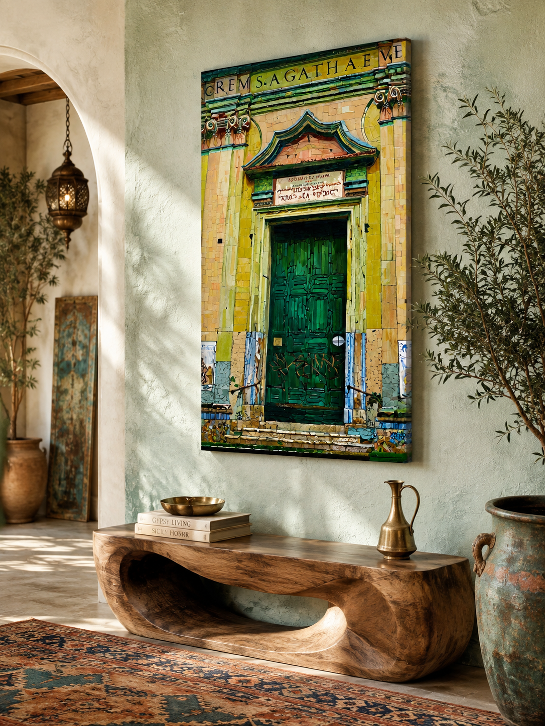 70 x 100 cm unframed canvas featuring a vibrant green doorway with ornate architectural details in yellow, turquoise and warm ochre tones, displayed in a sunlit Mediterranean-inspired interior with textured walls, sculptural wood furniture and rustic decor