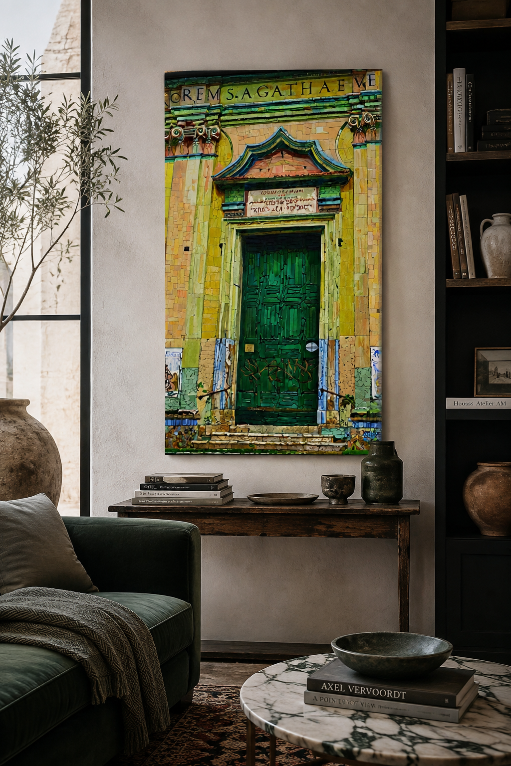 70 x 100 cm unframed canvas featuring a vibrant green historic doorway with ornate yellow, turquoise and ochre architectural details, displayed in a sophisticated contemporary living room with dark green seating, black shelving, rustic ceramics and a marble coffee table.