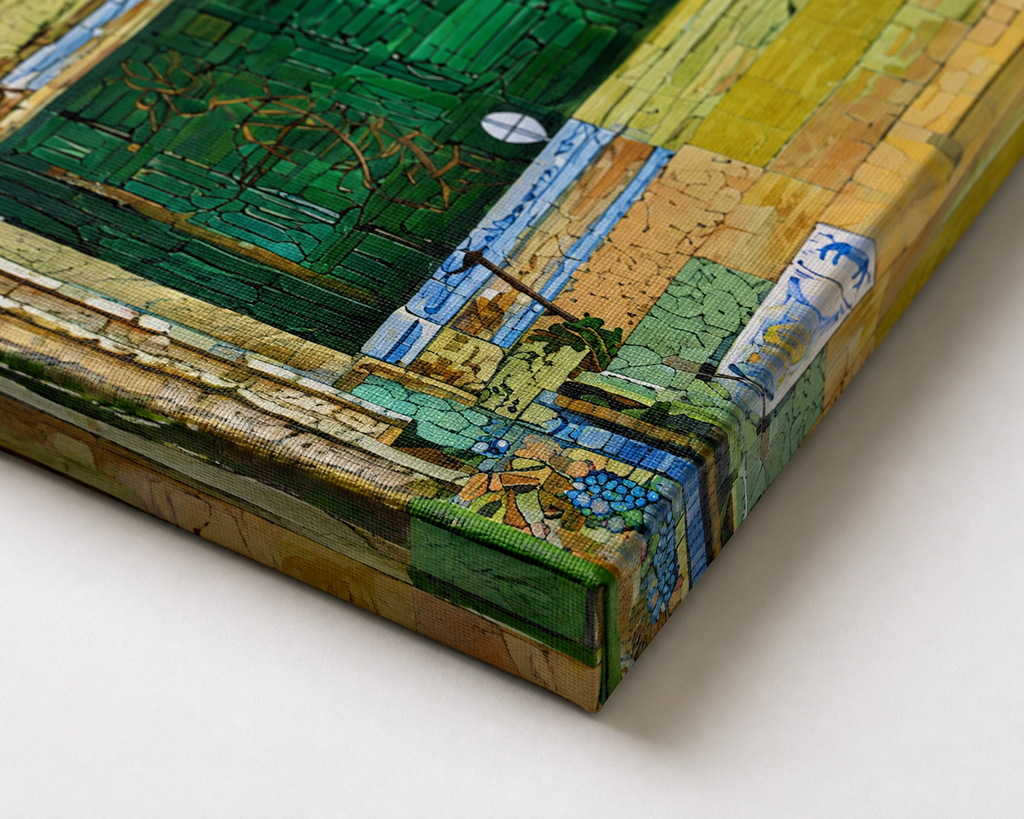 Close-up detail of a gallery-wrapped canvas print showing the textured woven surface, crisp folded corner and artwork wrapping around the edge in vibrant green, yellow, blue and earthy tones.