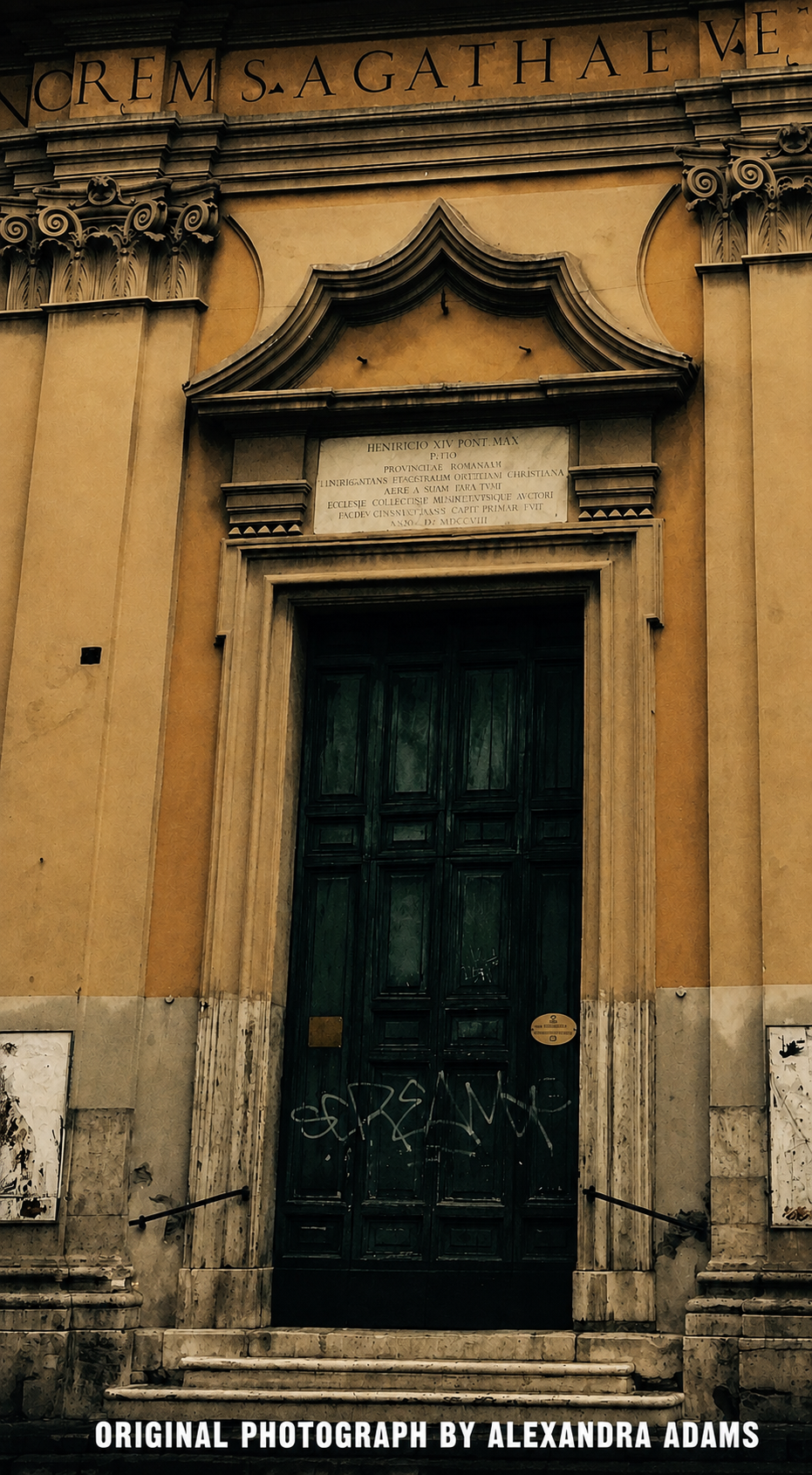 Original photograph by Alexandra Adams showing a grand historic ochre façade with ornate classical stonework, a tall dark green paneled door, worn steps and subtle graffiti, with the photography credit displayed along the bottom.