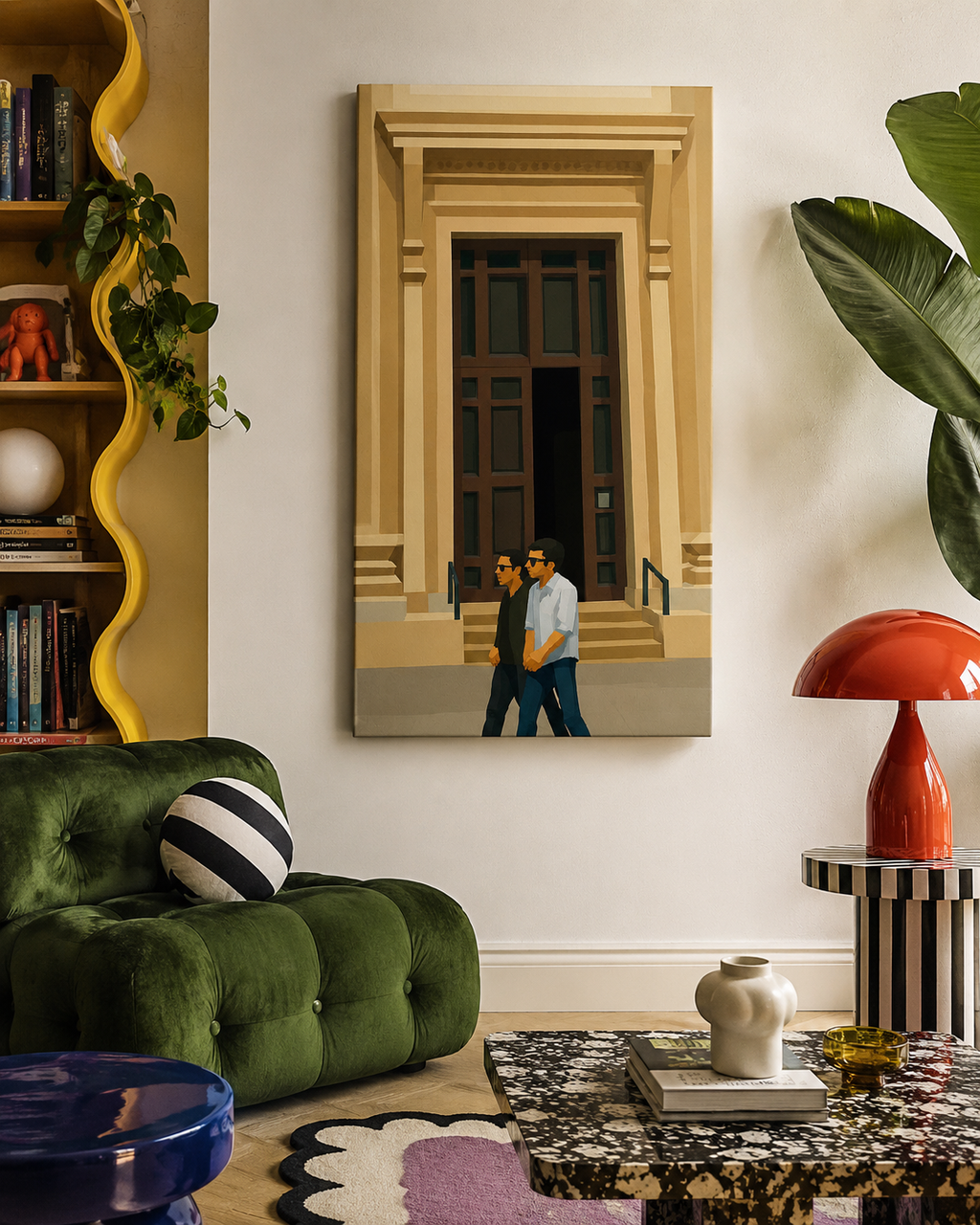 70 x 100 cm unframed canvas featuring two figures walking past a monumental doorway in warm neutral tones, displayed in a bold eclectic living room with a deep green velvet sofa, sculptural furniture, colourful lighting and contemporary decor.