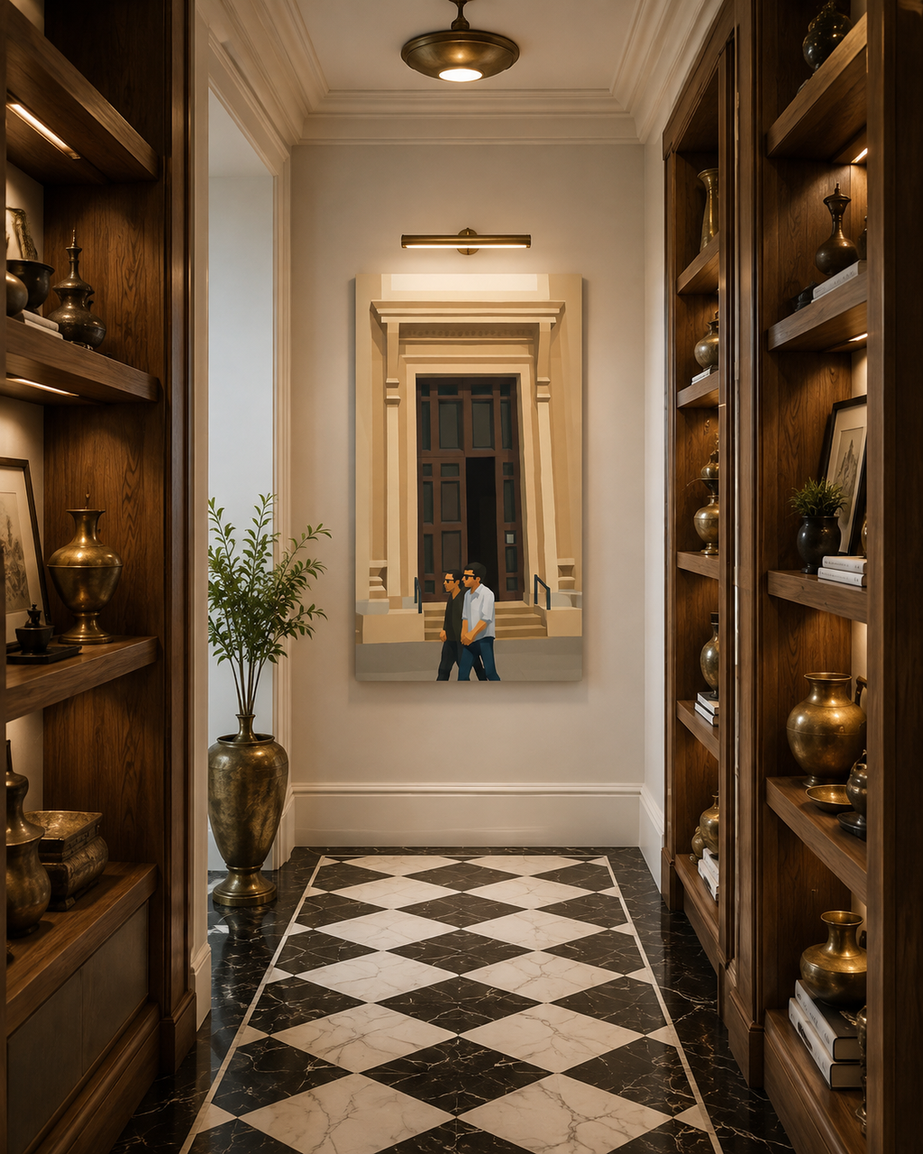 70 x 100 cm unframed canvas featuring two figures walking past a monumental doorway in warm neutral tones, displayed at the end of an elegant hallway with black-and-white marble floors, oak shelving and antique brass vases
