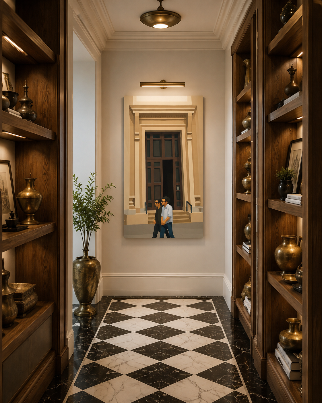 70 x 100 cm unframed canvas featuring two figures walking past a monumental doorway in warm neutral tones, displayed at the end of an elegant hallway with black-and-white marble floors, oak shelving and antique brass vases