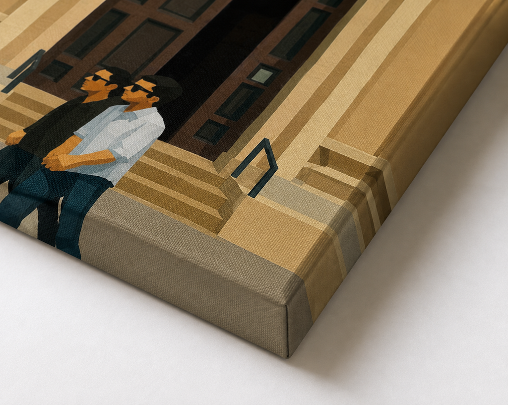 Close-up of a gallery-wrapped canvas print showing the textured woven surface, crisp folded corner and artwork wrapping neatly around the edge in warm beige, brown and dark green tones.