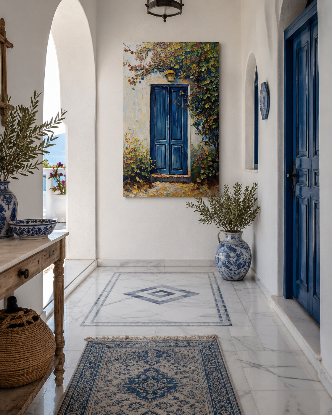 70 x 100 cm unframed canvas featuring a deep blue doorway surrounded by textured greenery and autumn-toned foliage, displayed in a bright Greek-inspired hallway with white marble floors, blue accents, arched openings and Mediterranean ceramics.