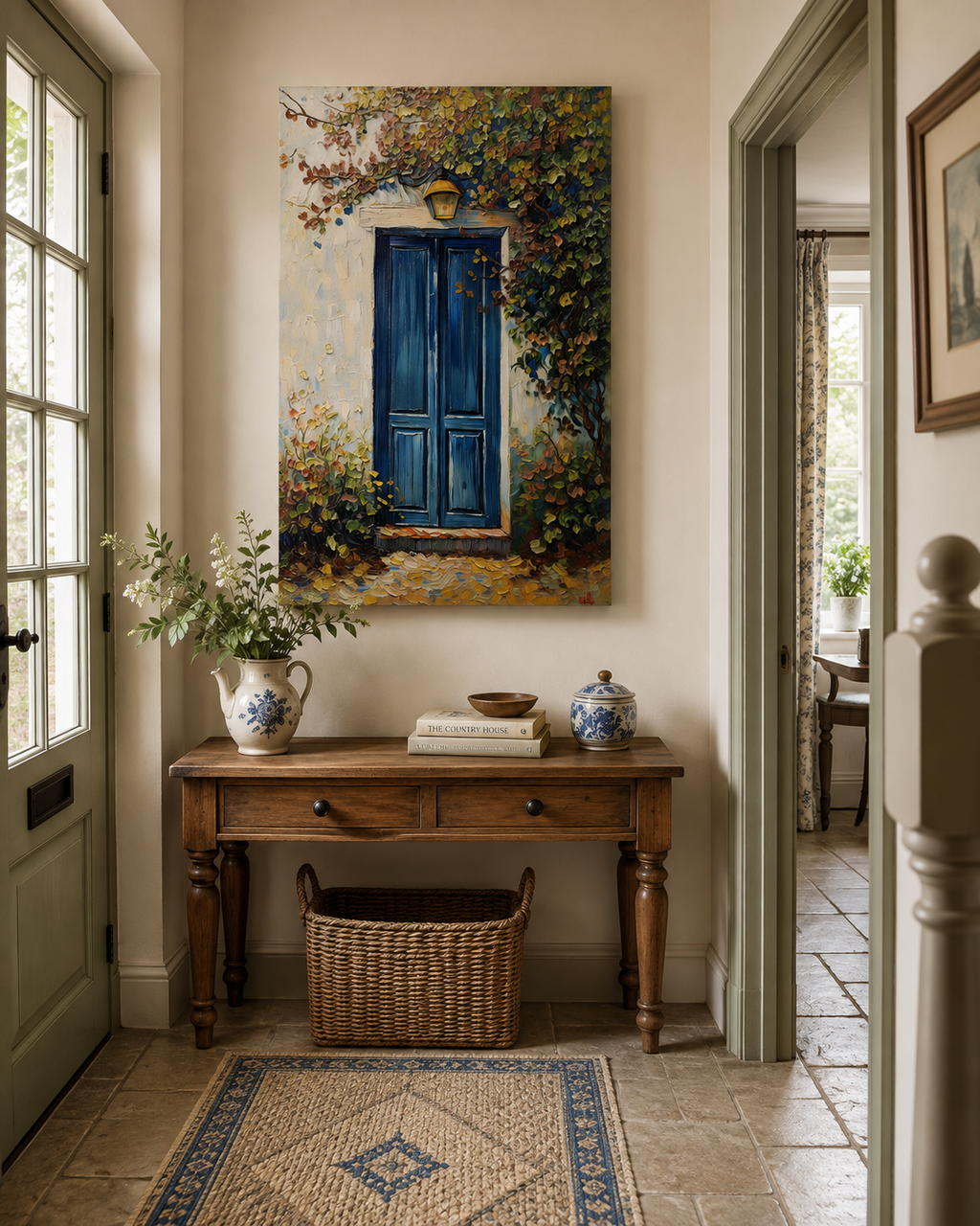 70 x 100 cm unframed canvas featuring a deep blue doorway surrounded by textured greenery and warm autumn foliage, displayed in a quaint English country house hallway with sage green woodwork, rustic timber furniture, woven baskets and blue-and-white ceramics