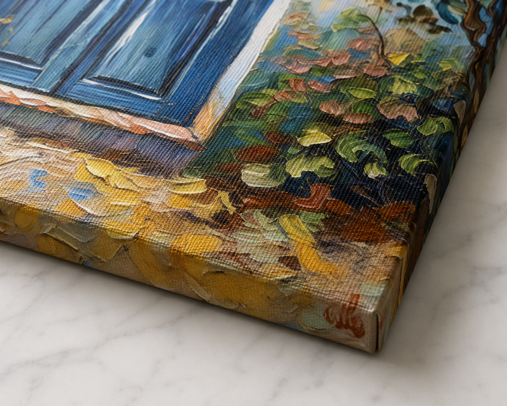 Close-up of a gallery-wrapped canvas print showing the textured woven surface, crisp folded corner and artwork wrapping around the edge, with deep blue, green, ochre and warm autumn tones