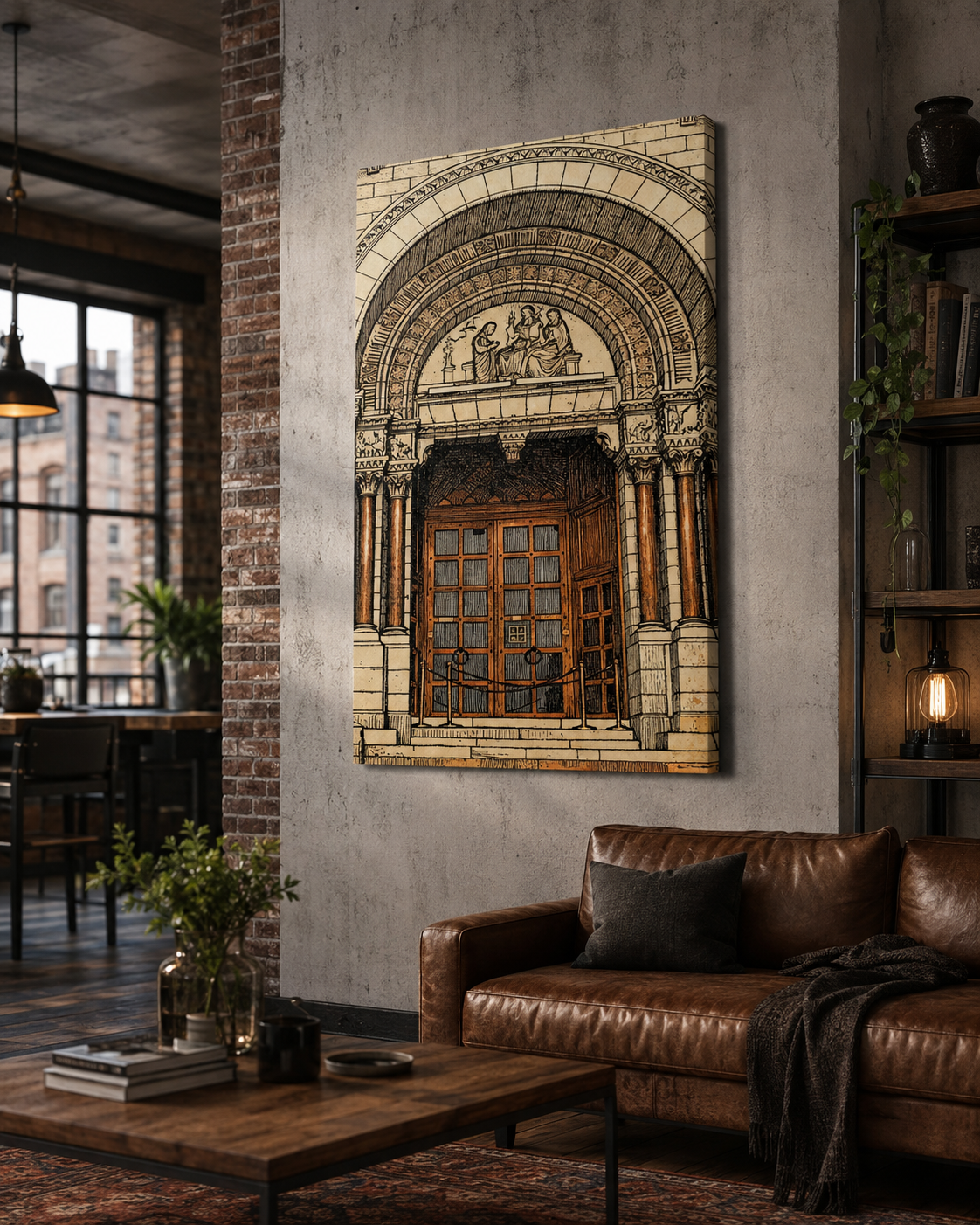 70 x 100 cm unframed canvas featuring a detailed sepia-toned architectural doorway with ornate arches and carved figures, displayed in a stylish industrial loft with exposed brick, concrete walls, leather seating and warm wood furniture.