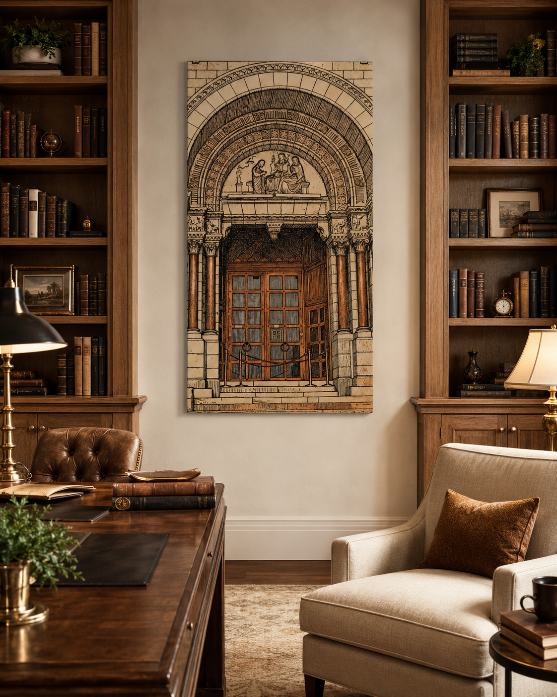 70 x 100 cm unframed canvas featuring a detailed sepia-toned architectural doorway with ornate arches and carved figures, displayed in a refined home office and library with cream seating, rich oak bookcases, warm brown accents and classic study decor
