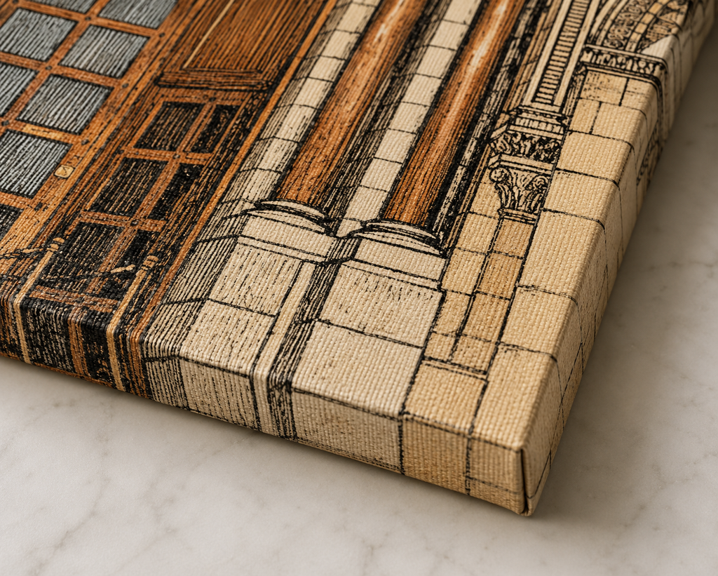 Close-up of a gallery-wrapped canvas print showing the textured woven surface, crisp folded corner and detailed sepia architectural artwork wrapping neatly around the edge in warm cream, black and rust-brown tones