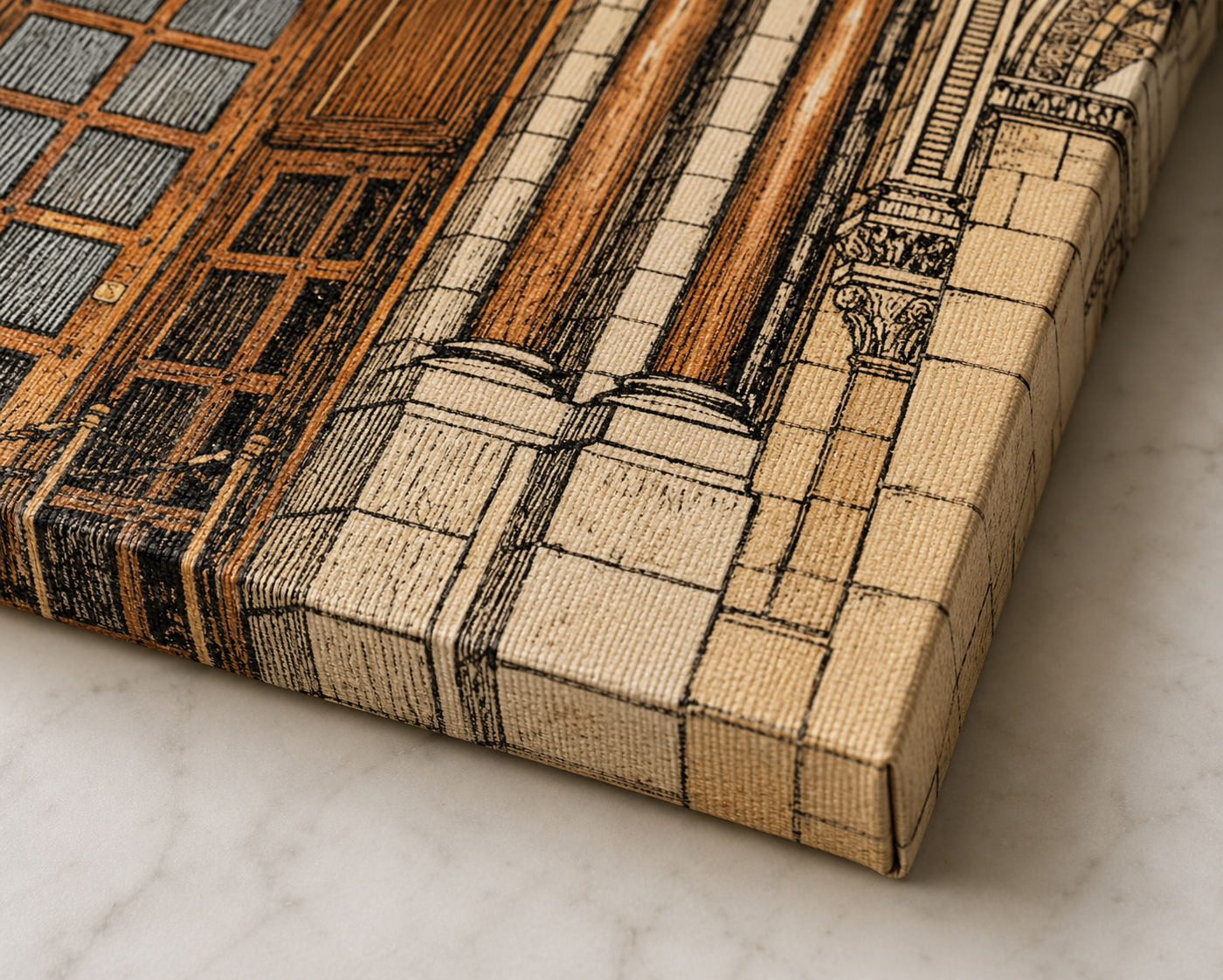 Close-up of a gallery-wrapped canvas print showing the textured woven surface, crisp folded corner and detailed sepia architectural artwork wrapping neatly around the edge in warm cream, black and rust-brown tones