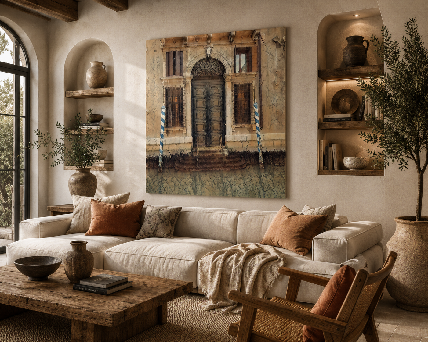 What Time Could Never Take architectural doorway artwork creating a striking focal point above a contemporary living room sofa.

