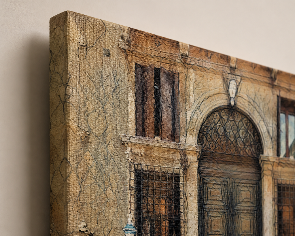 Close-up of What Time Could Never Take highlighting textured architectural details, weathered stonework and an elegant arched doorway.

