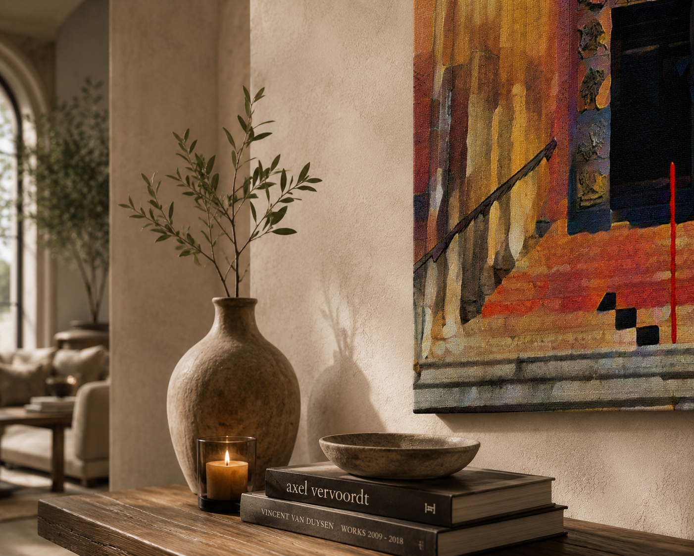 Close-up of Beyond What I Could See premium canvas print highlighting the Romanesque doorway, stone steps and textured artwork details.
