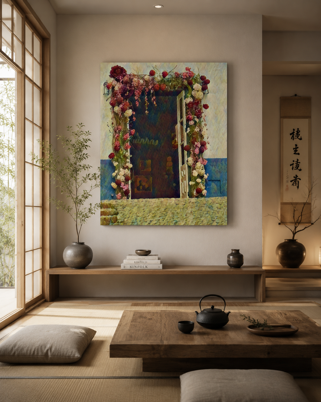 Large floral doorway canvas displayed above a minimalist wooden console in a serene Japandi living room with warm natural light.

