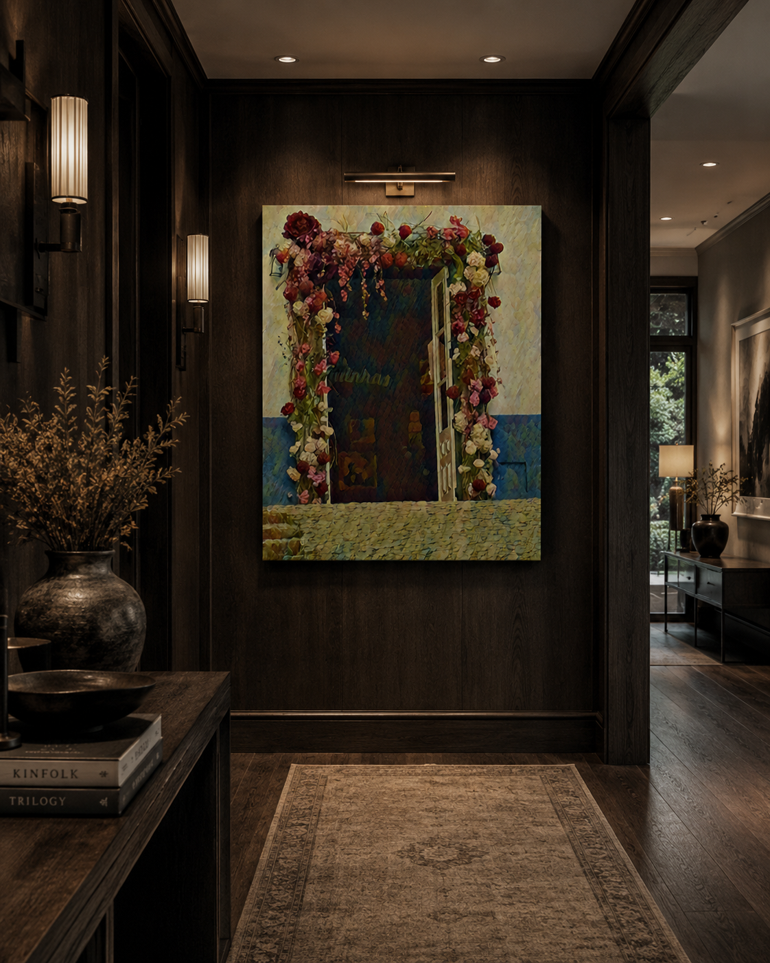 Luxury contemporary hallway featuring When Love Left the Door Open as a statement canvas print against charcoal walls with elegant lighting.

