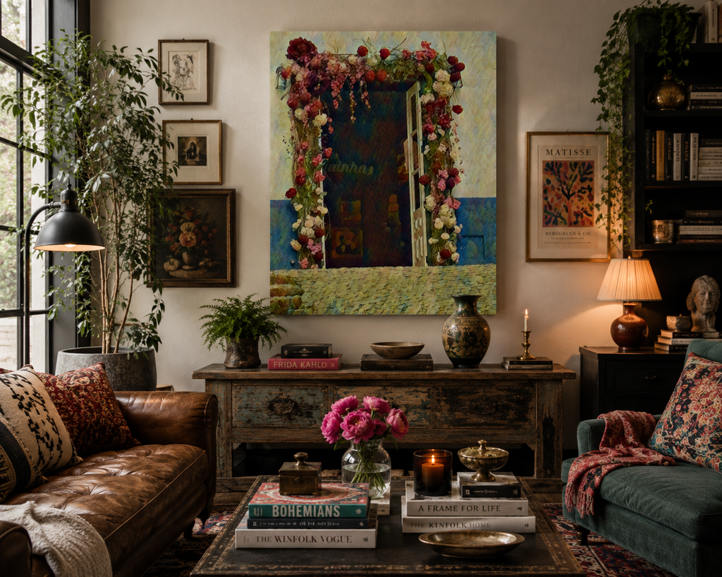 Oversized floral doorway canvas displayed above a vintage console within a layered luxury living room filled with books, plants and collected interiors.

