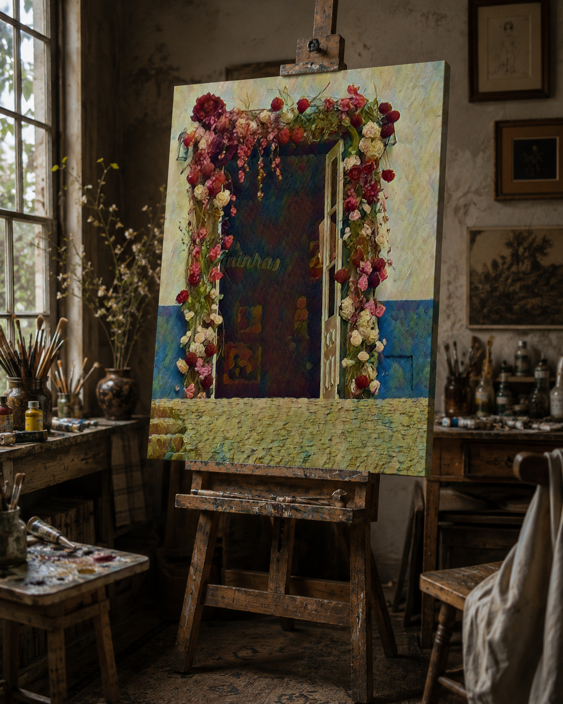 When Love Left the Door Open displayed on an easel inside a beautifully styled artist’s studio surrounded by brushes, paints and natural light.

