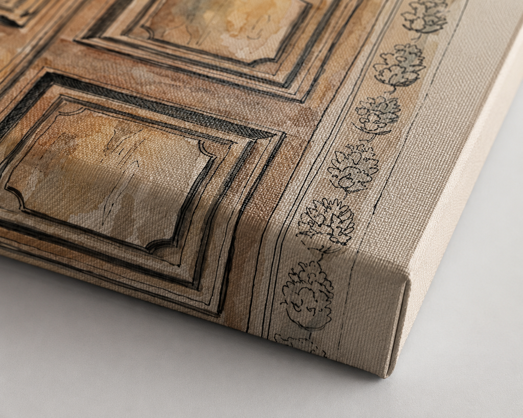 Close-up detail of Before I Chose premium canvas print showing the artwork texture and decorative doorway details.
