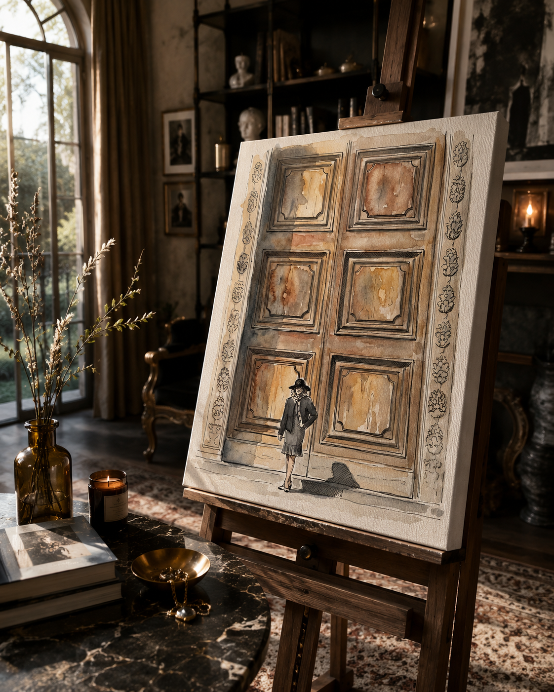 Before I Chose fine art canvas displayed on an artist’s easel in a stylish studio interior from The Doors Between Us collection.
