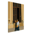 Contemporary architectural canvas artwork featuring an open grand doorway and two figures walking past – The Door We Walked Past by Alexandra Adams