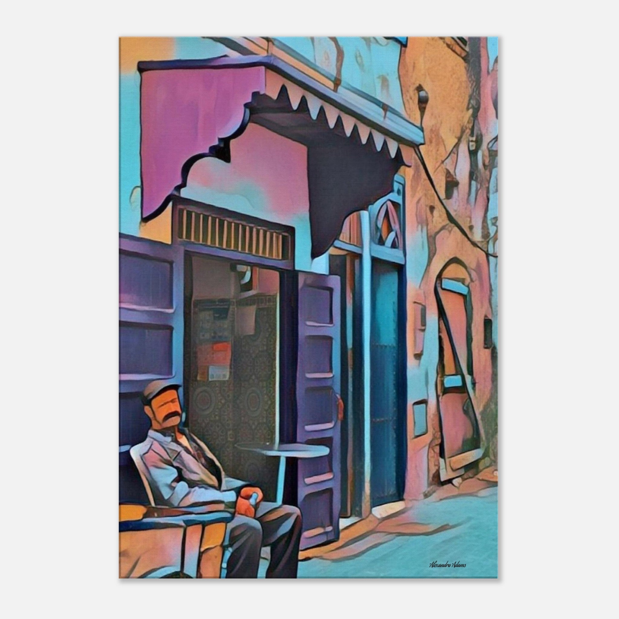 Front view of The Door That Taught Me to Wait, a vibrant architectural artwork with turquoise, pink and orange tones and a man seated by a doorway.